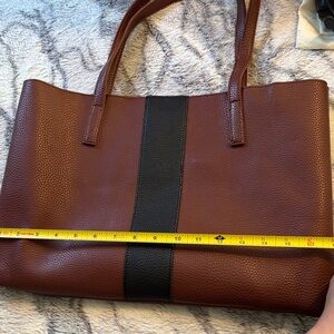 Brown Faux Leather Tote with Black Center Stripe